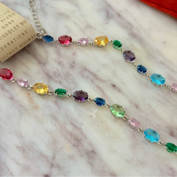 🌈 Anthropologie Rainbow Stone Lariat Necklace in Silver - Picture 6 of 11